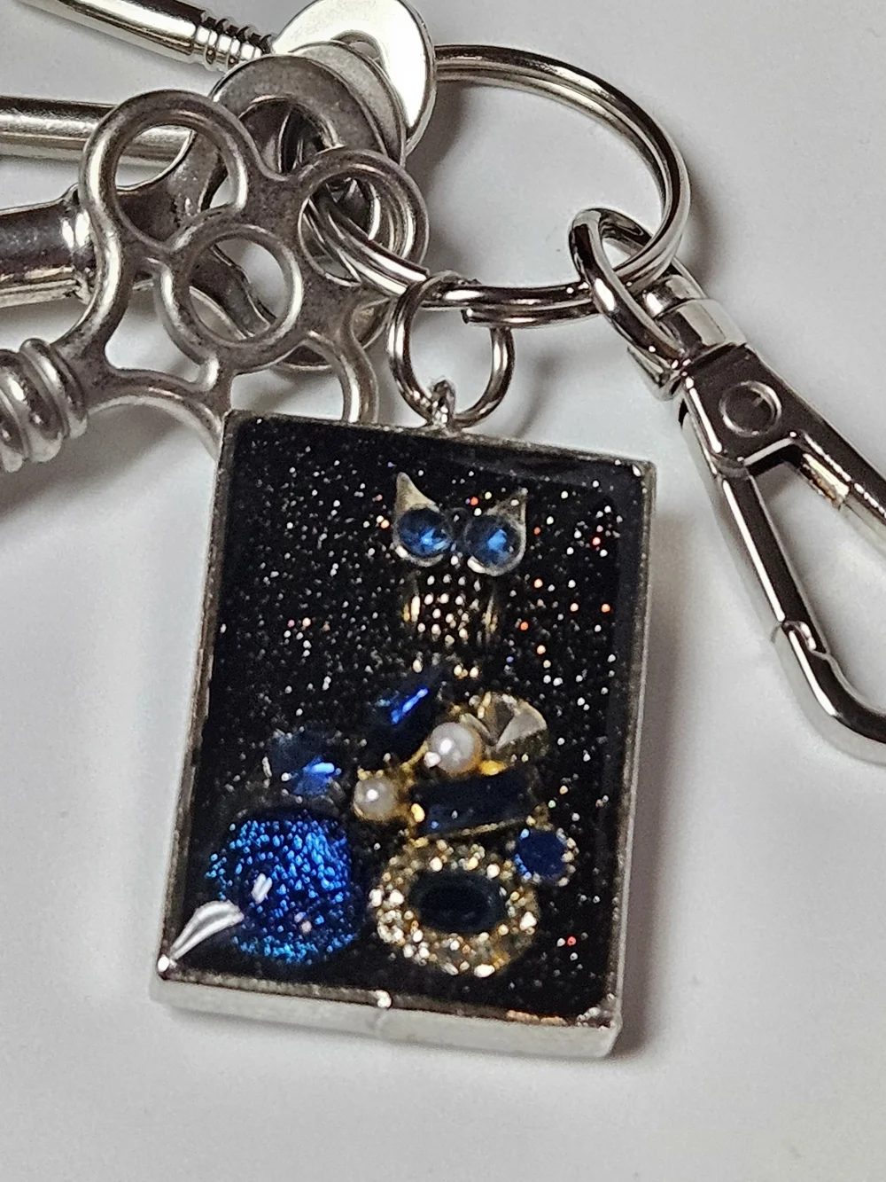 Silver Keychain Bag Charm with Blue Owl Accent